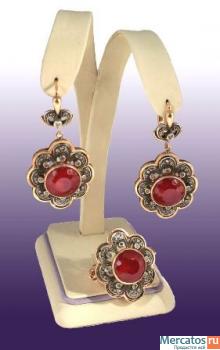 Комплект кольцо серьги бриллианты рубины золото 583