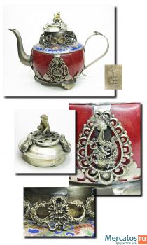 АНТИКВАРНЫЙ ? ЧАЙНИК ИЗ НЕФРИТА , СЕРЕБРА , И ЭМАЛИ КИТАЙ СЕР 20