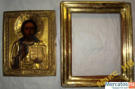 Икона Вседержитель Спас Оклад Киот Позолота рельеф 3