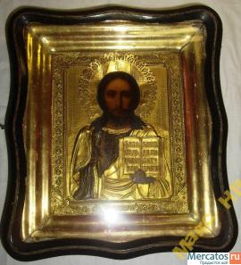 Икона Вседержитель Спас Оклад Киот Позолота рельеф 6