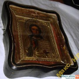 Икона Вседержитель Спас Оклад Киот Позолота рельеф 7